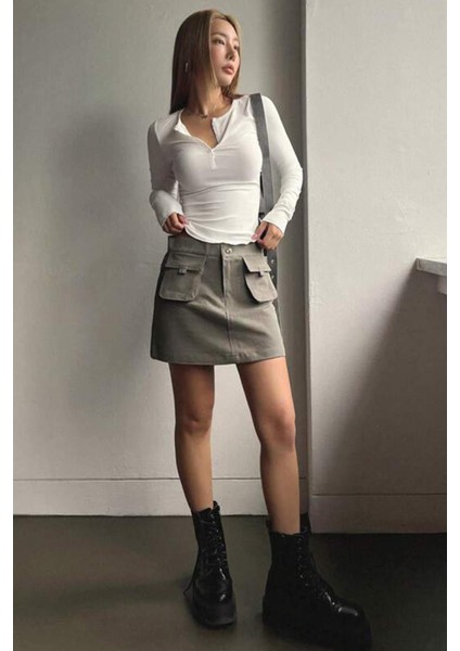 Kadın Beyaz Düğme Detaylı Patlı Düğmeli Bisiklet Yaka Uzun Kollu Fitilli Kaşkorse Bluz Body indirimleri