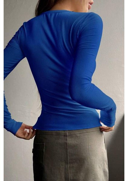 Kadın Mavi Düğme Detaylı Patlı Düğmeli Bisiklet Yaka Uzun Kollu Fitilli Kaşkorse Bluz Body fiyatları