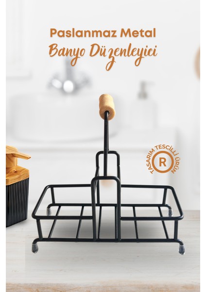 Grimor Life 2 Bölmeli Çok Amaçlı Ahşap Kulplu Paslanmaz Metal Stand- Sıvı Sabunluk Diş Fırçalık Standı