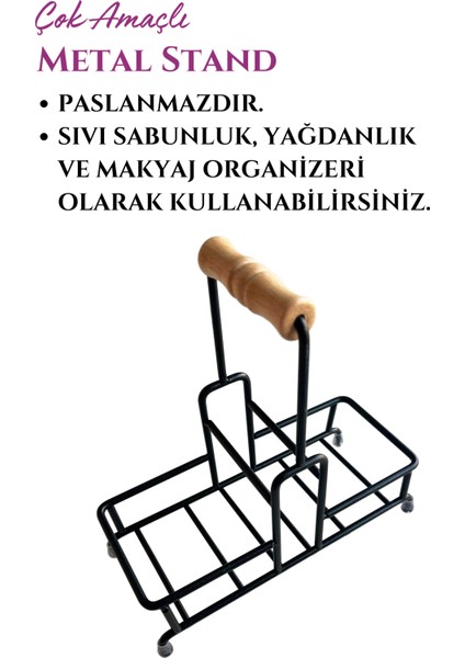 Grimor Life 2 Bölmeli Çok Amaçlı Ahşap Kulplu Paslanmaz Metal Stand- Sıvı Sabunluk Diş Fırçalık Standı