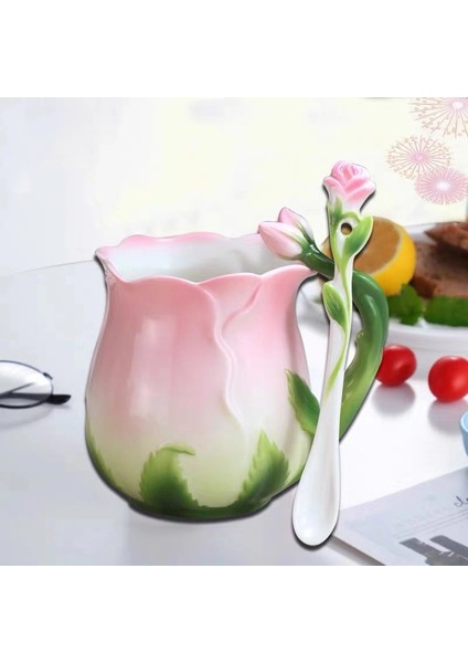 Pembe Tarzı Avrupa Tarzı Emaye Seramik Kahve Kupa Yaratıcı 3D Gül Çiçek Şekli Çay Fincanı Pastoral 4 Renk Kahvaltı Kaşıklı Süt Bardakları (Yurt Dışından)