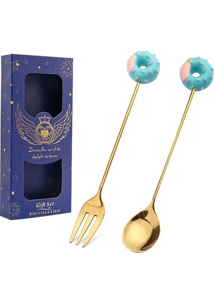 Mavi Altın 2 Adet Tarzı Donut Tasarım Paslanmaz Çelik Kahve Kaşığı Meyve Çatalı Karıştırma Süt Çay Kaşığı Tatlı Meyve Kaşığı Mutfak Sofra 12CM (Yurt Dışından)