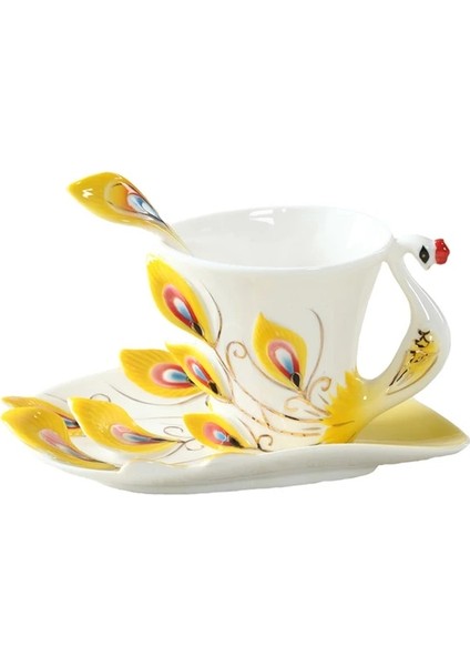 E Stili 180ML Eacock Kahve Kupaları Tabağı ve Kaşıkla 3D Yaratıcı Seramik Bardaklar Renkli Emaye Porselen Çay Su Şişesi Noel Hediyesi (Yurt Dışından)