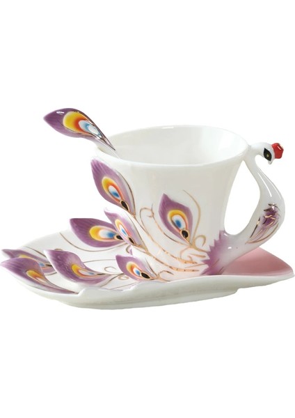E Stili 180ML Eacock Kahve Kupaları Tabağı ve Kaşıkla 3D Yaratıcı Seramik Bardaklar Renkli Emaye Porselen Çay Su Şişesi Noel Hediyesi (Yurt Dışından)