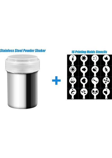 1 Shake 16 Stencils Stili Paslanmaz Çelik Çikolata Çalkalayıcı Kakao Unu Kahve Elek Cappuccino Kahve Şablonu Strew Pad Duster Sprey Araçları D30 (Yurt Dışından)