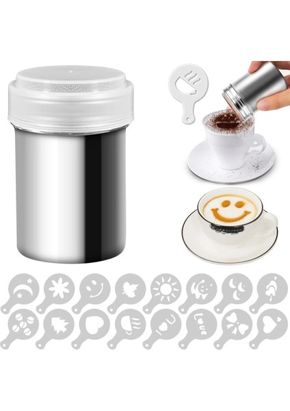 1 Shake 16 Stencils Stili Paslanmaz Çelik Çikolata Çalkalayıcı Kakao Unu Kahve Elek Cappuccino Kahve Şablonu Strew Pad Duster Sprey Araçları D30 (Yurt Dışından) indirimleri
