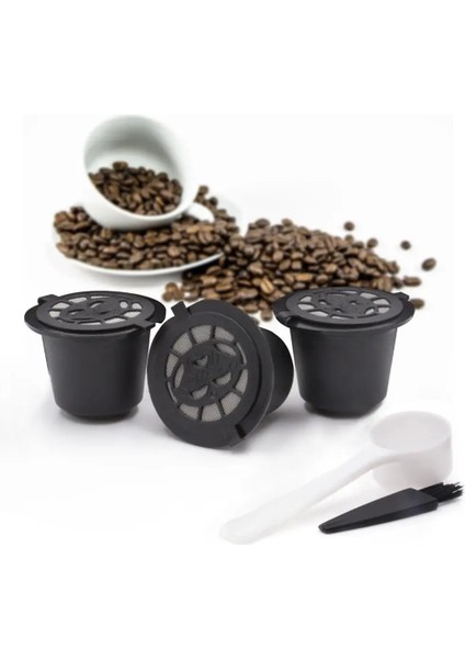 4 Adet Siyah Stil Kahve Kapsülü Yeniden Doldurulabilir Kahve Kapsülü Filtre Fincan Nespresso Makinesi Kapsül Plastik Filtre Bardakları Kaşık Fırça (Yurt Dışından)