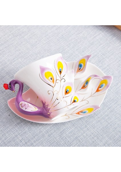 Kırmızı Stil 175ML Yaratıcı 3D El Hazırlanmış Porselen Emaye Tavuskuşu Kahve Fincanı Seti Tabağı ve Kaşık Mevcut Seramik Çay Su Bardağı Bulaşık Hediyesi (Yurt Dışından)