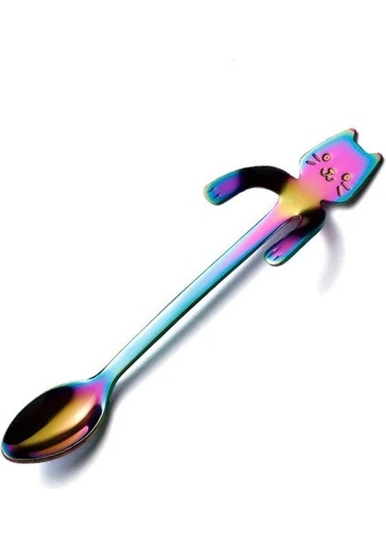 Renkli Stil 11,5 cm Sevimli Kedi Kahve Kaşığı Paslanmaz Çelik Yaratıcı Çay Kaşığı Tatlı Aperatif Dondurma Mini Kupa Çay Bardağı Sofra Mutfak Aksesuarları (Yurt Dışından)