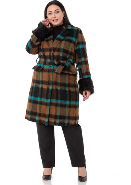 Büyük Beden Kolları Kürklü Cepli Astarlı Vizon Kaban