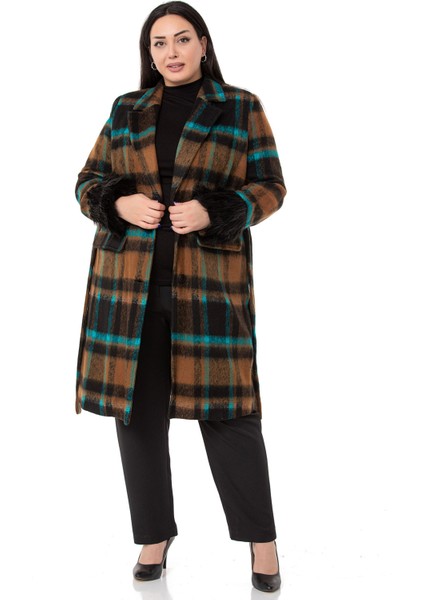 Büyük Beden Kolları Kürklü Cepli Astarlı Vizon Kaban