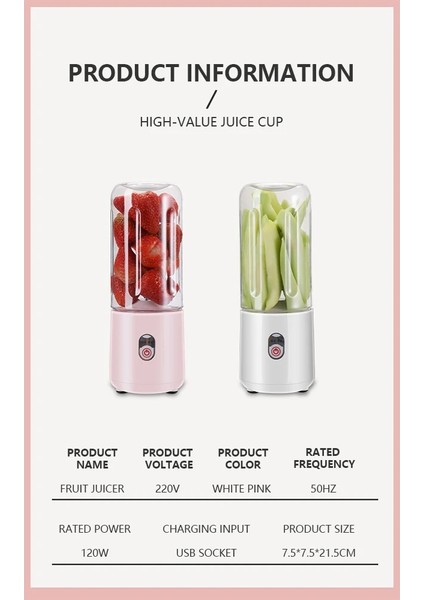 Pembe Tarzı Taşınabilir Meyve Sıkacağı Elektrikli USB Şarj Edilebilir Smoothie Blender Makinesi Mikser Mini Meyve Suyu Makinesi Hızlı Mutfak Robotu Mobil Mikser (Yurt Dışından)