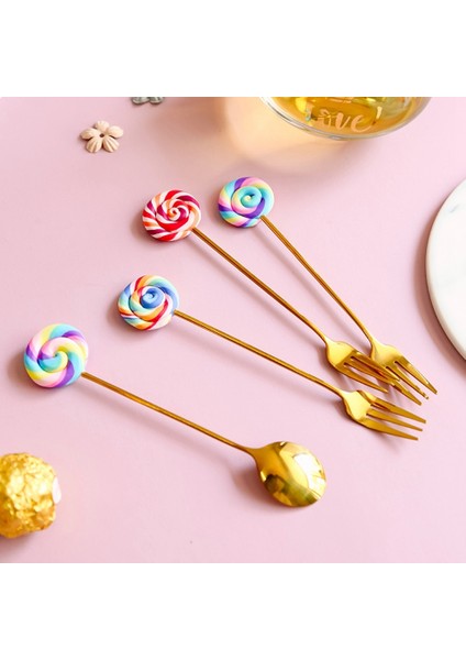 No.3 Tarzı Sevimli Eğlenceli Lolipop Kahve Çatalı Kaşık Paslanmaz Çelik Titanyum Kaplama Altın Kek Çatalı Çocuk Küçük Kaşık Dondurma Kaşığı (Yurt Dışından) modelleri