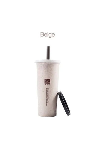 Bej Tarzı Su Bardağı Taşınabilir Kolay Bardak Çift Kapaklı Kola Kahve Plastik Seyahat Buğday Samanı Kapaklı Su Bardağı Bardak Içme Bardağı Aile Hediyesi (Yurt Dışından)