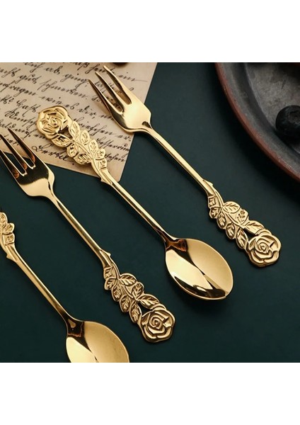 Gümüş Kaşık Stili Retro Kahve Kaşığı Yaratıcı Gül Kolu Paslanmaz Çelik Meyve Çatalı Kawaii Çay Kaşığı Tatlı Iskandinav Ev Mutfak Sofra Takımı (Yurt Dışından) fırsatları