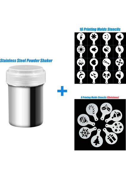 1 Shaker 24 Stencils Stili Paslanmaz Çelik Çikolata Çalkalayıcı Kakao Unu Kahve Elek Cappuccino Kahve Şablonu Strew Pad Duster Sprey Araçları D30 (Yurt Dışından)