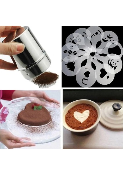 1 Takım Tarzı Un Tuz Elek Şeker Çeşni Şişesi Konteynerler Çikolata Toz Shaker+ Kahve Kalıpları Şablon Silgi Sprey Kahve (Yurt Dışından) modelleri