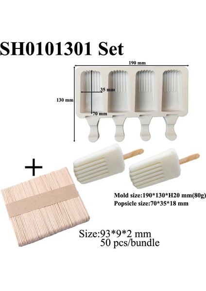 SH01101301 Set Stili Meibum 4 Çeşit Silikon Dondurma Kalıpları Dıy 4 Kavite Popsicle Kalıpları ve 50 Çubuk Yaz Dondurucu Suyu Tatlı Araçları Küp Tepsisi (Yurt Dışından)