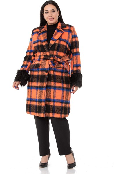 Büyük Beden Kolları Kürklü Cepli Astarlı Turuncu Kaban