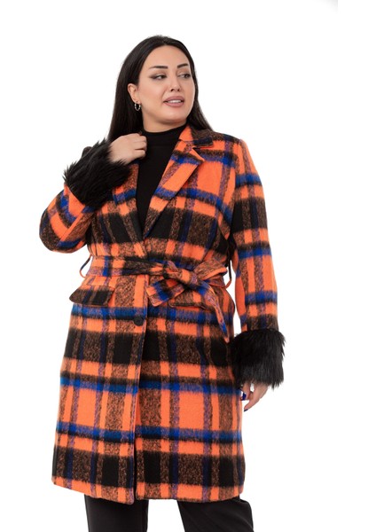 Büyük Beden Kolları Kürklü Cepli Astarlı Turuncu Kaban fiyatları