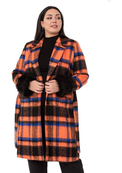 Büyük Beden Kolları Kürklü Cepli Astarlı Turuncu Kaban