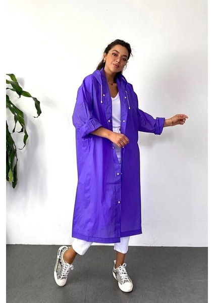 Kadın Erkek Yağmurluk Kapüşonlu Çıtçıtlı Eva Raincoat Mor Yağmurluk