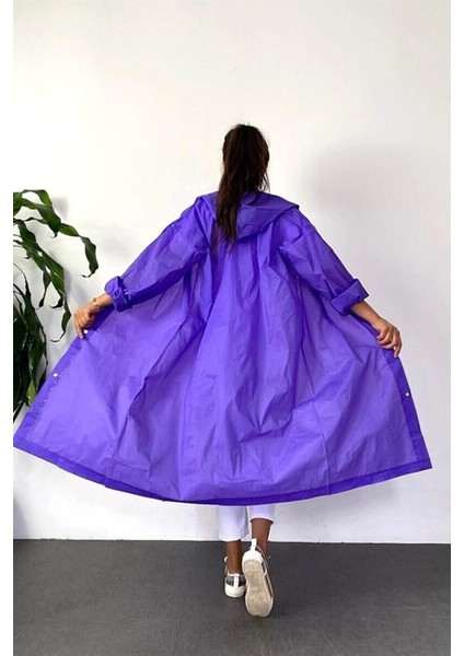 Kadın Erkek Yağmurluk Kapüşonlu Çıtçıtlı Eva Raincoat Mor Yağmurluk