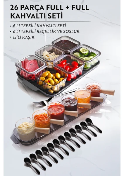 Kitchen Life 26 Parça Full Sunum Kahvalatı Seti (6+1 Kahvaltılık 6+1 Ahşap Saplı Reçellik Sosluk X12 Kaşık)