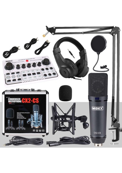 Cx2 White Power Paket-6 Stüdyo Mikrofon Şarjlı Ses Kartı Kulaklık Stand
