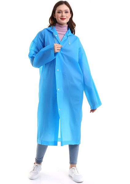 Kadın Erkek Yağmurluk Kapüşonlu Çıtçıtlı Eva Raincoat Mavi Yağmurluk