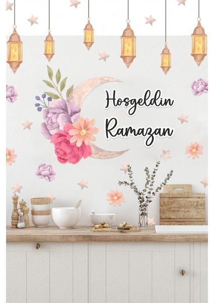 Hoşgeldin Ramazan Çiçekler Soft Renkli Fenerler Cam Duvar Sticker Seti Ramazan Süsü