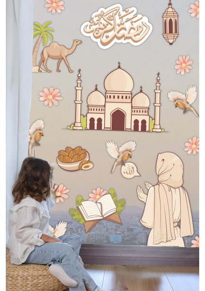 Ramazan Kerim Cami Kuşlar Dua Eden Kadın Temalı Ramazan Sticker Seti Cam Duvar Sticker Ramazan Süsü
