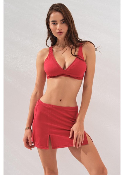 Pearl Etekli Fra Bikini Takım Üçlü Set Kırmızı 231228