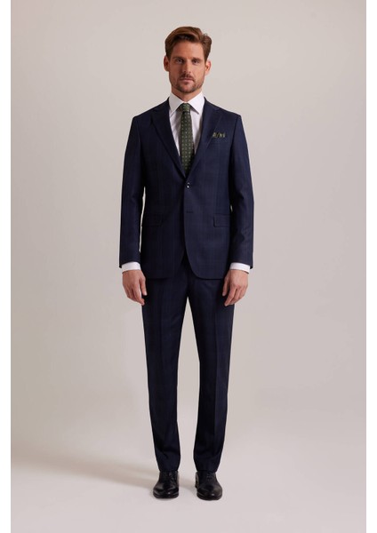 Erkek Lacivert Regular Fit Desenli Takım Elbise