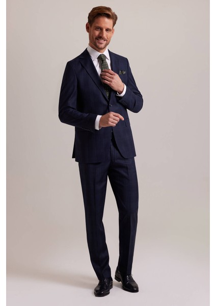 Erkek Lacivert Regular Fit Desenli Takım Elbise