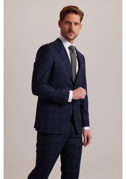 Erkek Lacivert Regular Fit Desenli Takım Elbise