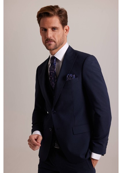 Erkek Lacivert Çizgili Slim Fit Sivri Yaka Yelekli Takım Elbise fiyatları