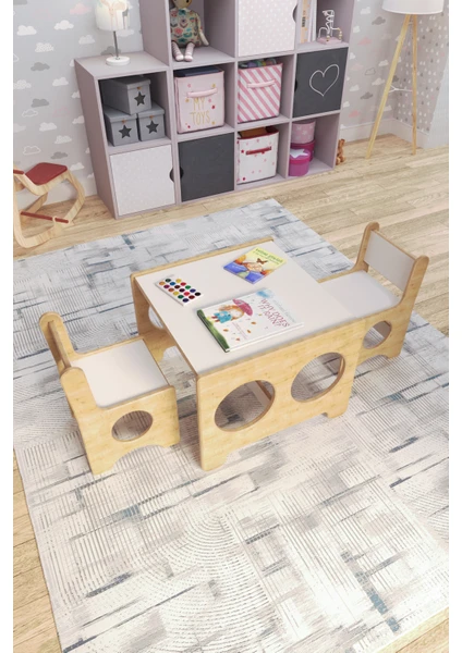 Zeo Wood Design Montessori Çocuk Oyun & Aktivite & Çalışma Masa ve 2 Sandalye