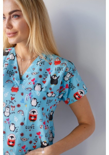 Kadın Likralı Yarasa Kol Hemşire Doktor Penguen Desenli Tek Üst Forma modelleri