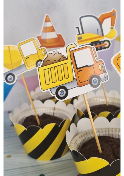 Inşaat Konsept Kürdan Süsleri Cupcake Süsleri Lüks Büyük Boy 10LU Paket