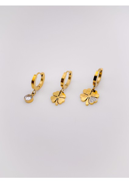 Çelik Küpe Üçlü (3lü) Küpe Sallantılı Yonca Küpe Renk Gold modelleri