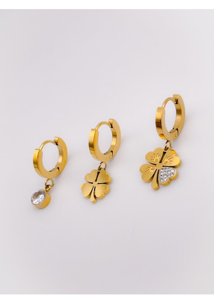 Çelik Küpe Üçlü (3lü) Küpe Sallantılı Yonca Küpe Renk Gold fırsatları