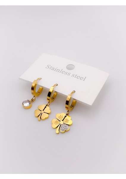 Çelik Küpe Üçlü (3lü) Küpe Sallantılı Yonca Küpe Renk Gold indirimleri