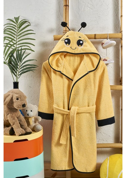 Kapüşonlu Çocuk Bornoz Pamuklu Kız Bornozu Hayvan Arı-Sarı Siyah