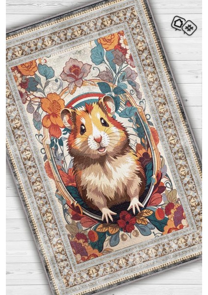 Nuh'un Gemisi Koleksiyonu Hamster Çiçek Desenli Temalı Vintage Renkli Maksimalist Halı