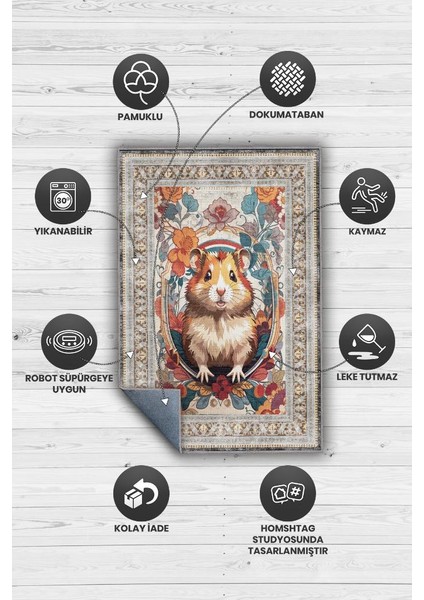 Nuh'un Gemisi Koleksiyonu Hamster Çiçek Desenli Temalı Vintage Renkli Maksimalist Halı