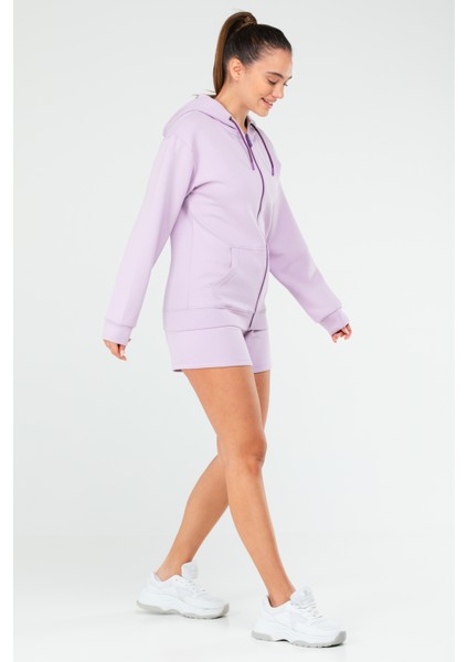 Lila Regular Fit Düz Pamuklu Kapüşonlu Tam Boy Fermuarlı Üçlü Kadın Şort Takım - SA2618
