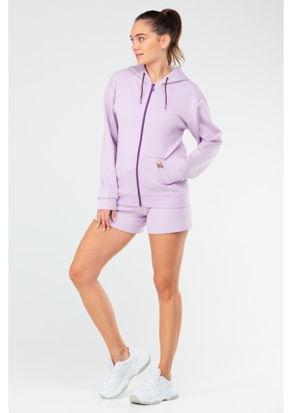 Lila Regular Fit Düz Pamuklu Kapüşonlu Tam Boy Fermuarlı Üçlü Kadın Şort Takım - SA2618