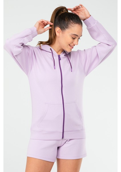 Lila Regular Fit Düz Pamuklu Kapüşonlu Tam Boy Fermuarlı Üçlü Kadın Şort Takım - SA2618