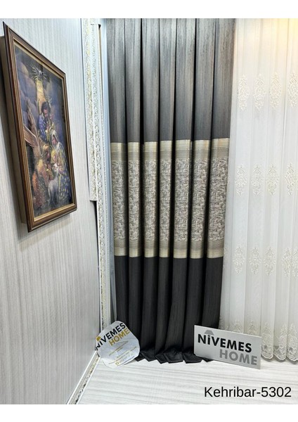 Nivemeshome Kehribar FT614162 Antrasit V-5302 Pano Fon Perde 1/3 Sık Pileli Perde Apm